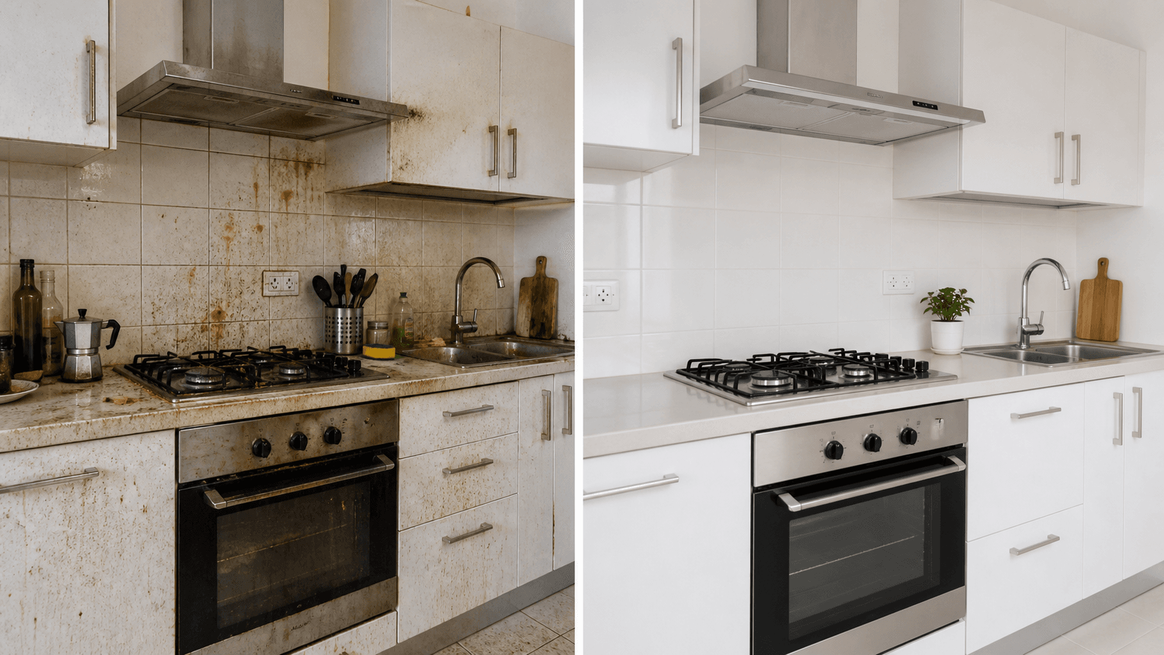 Confronto prima e dopo della pulizia approfondita di una cucina